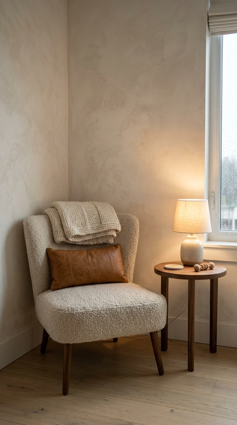 Armless boucle nursing chair in the corner of a small nursery