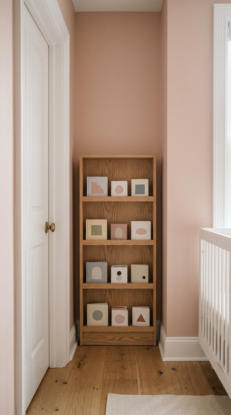 Narrow oak bookcase fitted between a door casing and the corner in a nursery
