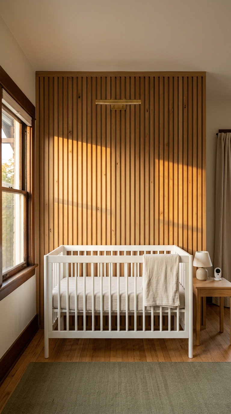 Vertical white oak slat wood paneling behind a crib in a small nursery