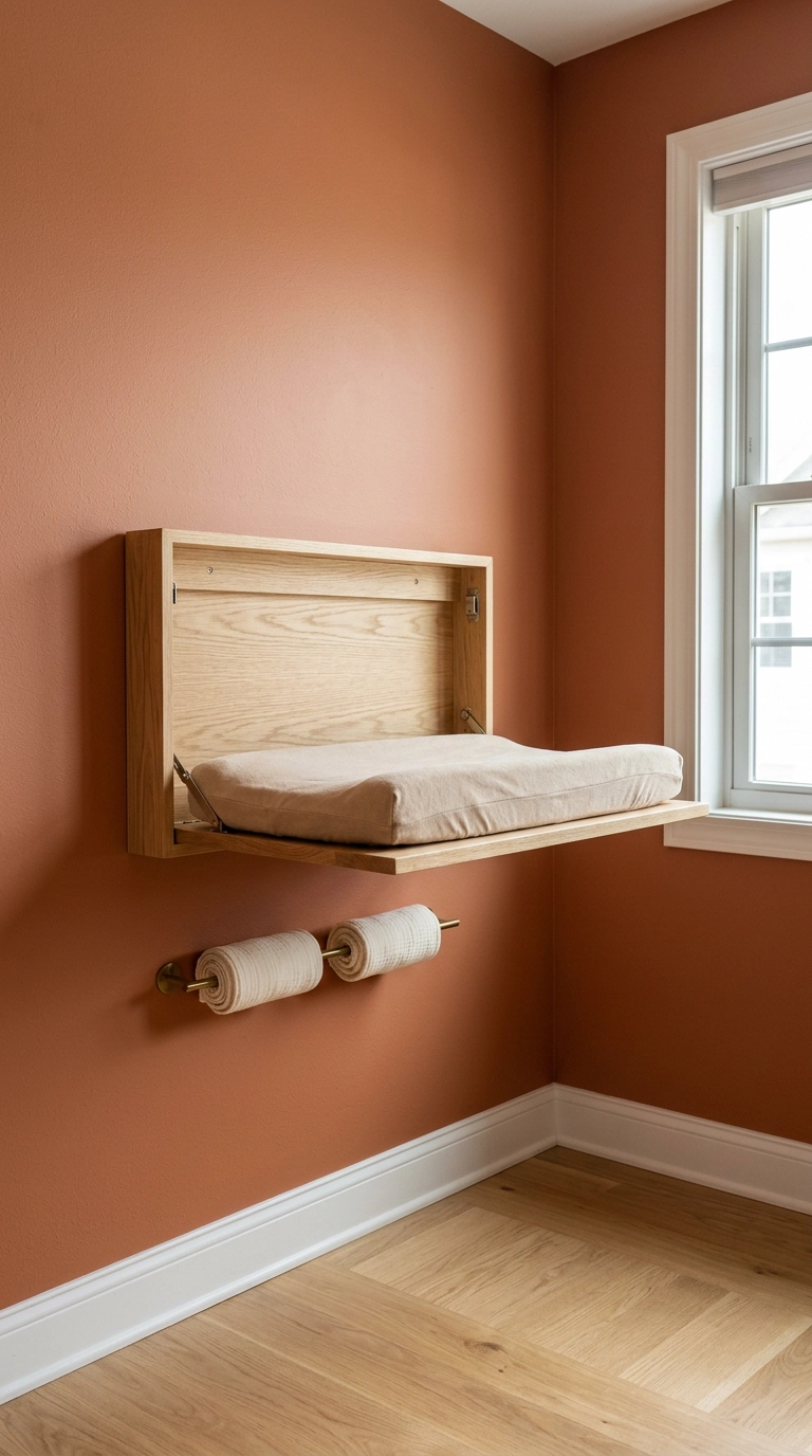 Wall mounted fold down changing table in a small nursery with clear floor