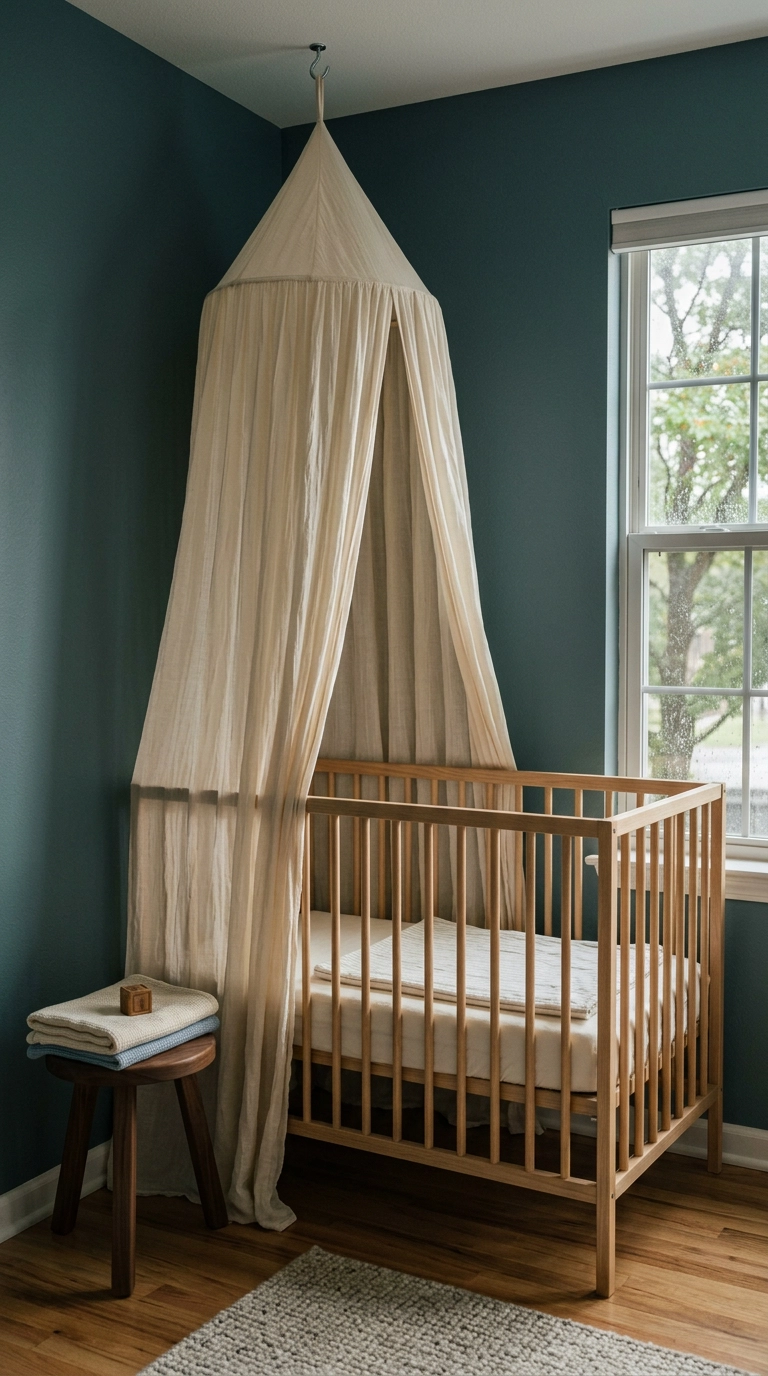 Ivory cotton gauze canopy draping beside a crib in a small nursery corner