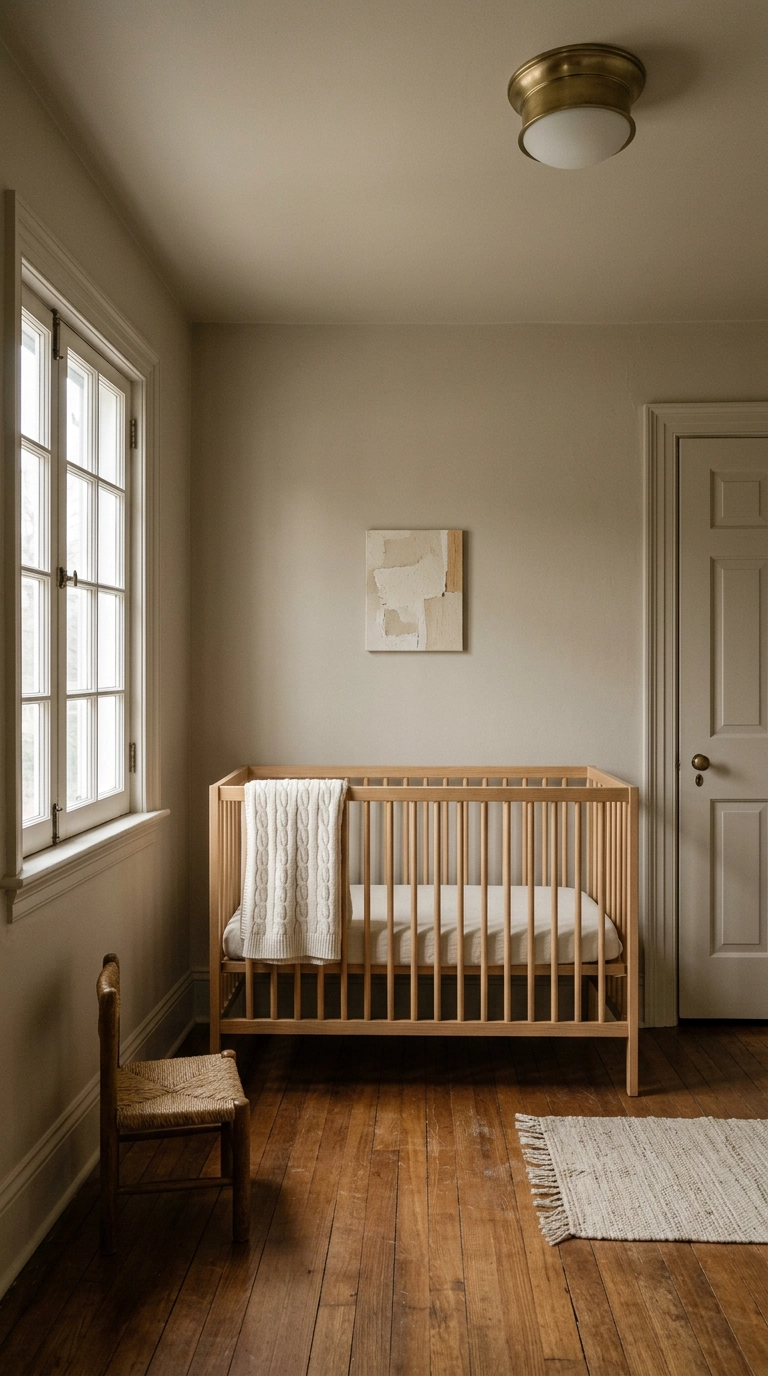 Small nursery color drenched in soft putty beige on walls trim and ceiling