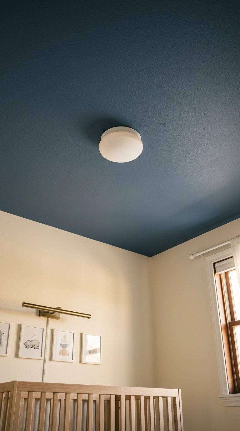 Deep slate blue painted ceiling above cream walls in a small nursery