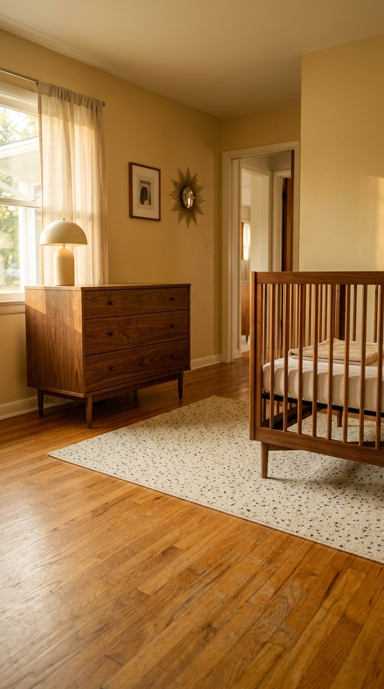 Mid century walnut nursery dresser and crib raised on slim visible legs