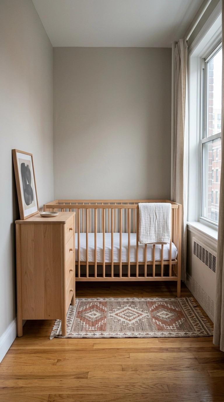 Compact beech mini crib in a very small nursery with open floor space