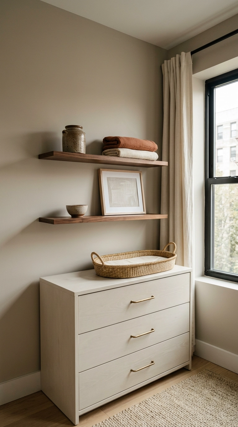 Floating walnut shelves above a white nursery dresser in a small room