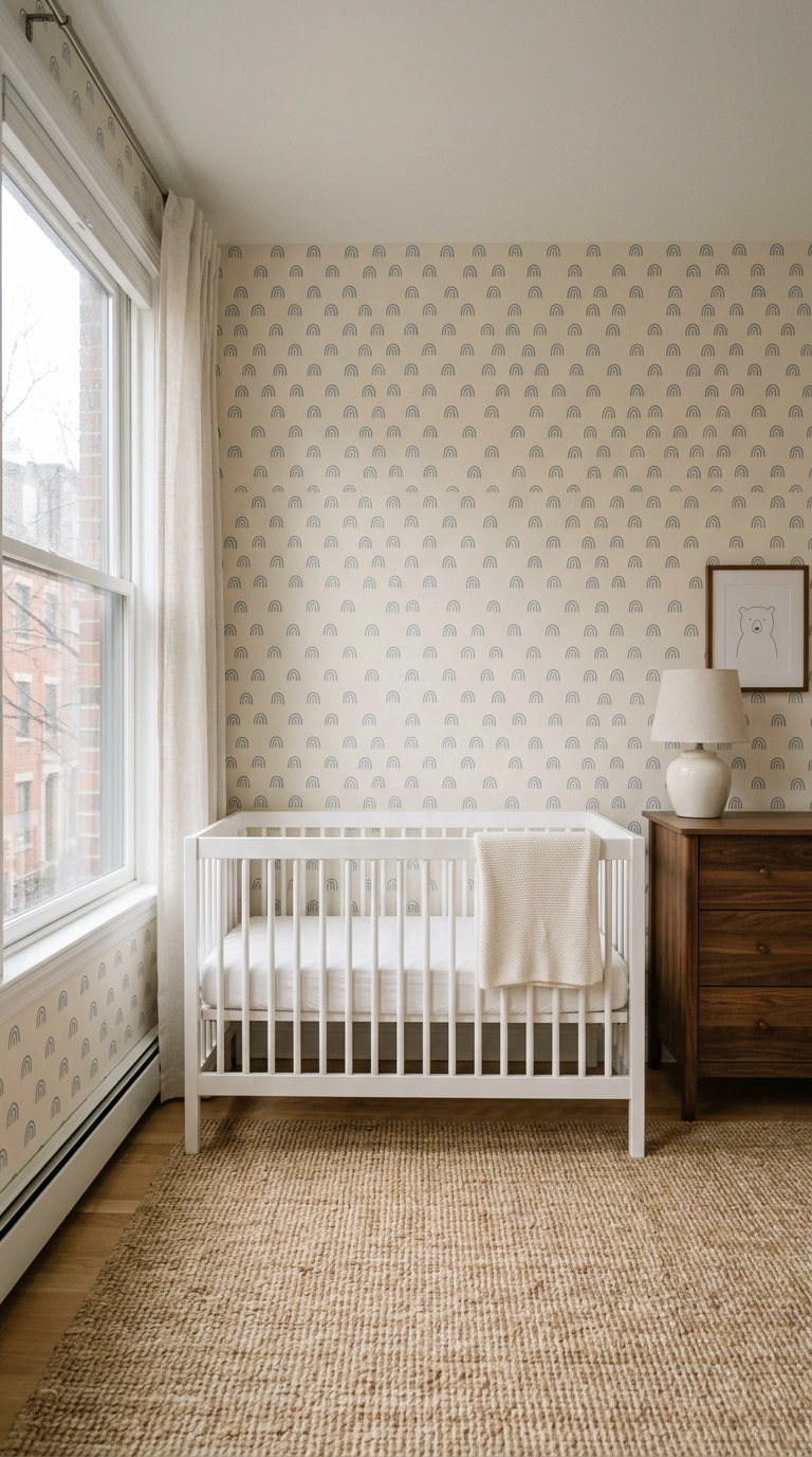 Small scale dusty blue patterned wallpaper in a small nursery with white crib