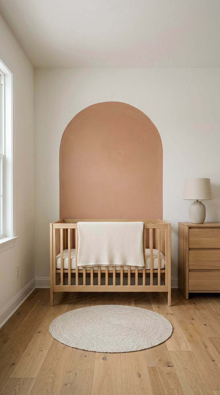 Small nursery with a painted clay arch behind a white oak crib