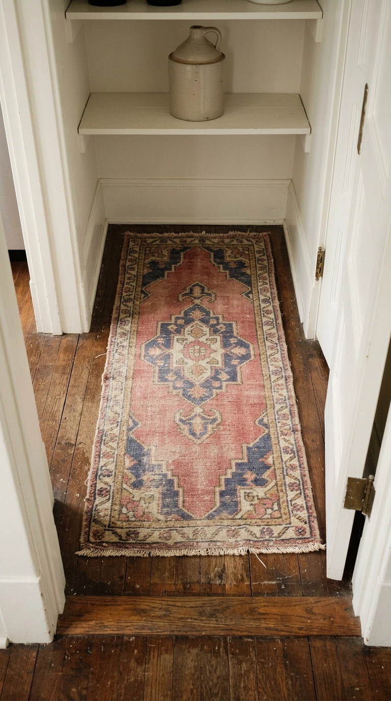 Faded rose and indigo vintage wool runner laid on the floor of a narrow small pantry closet