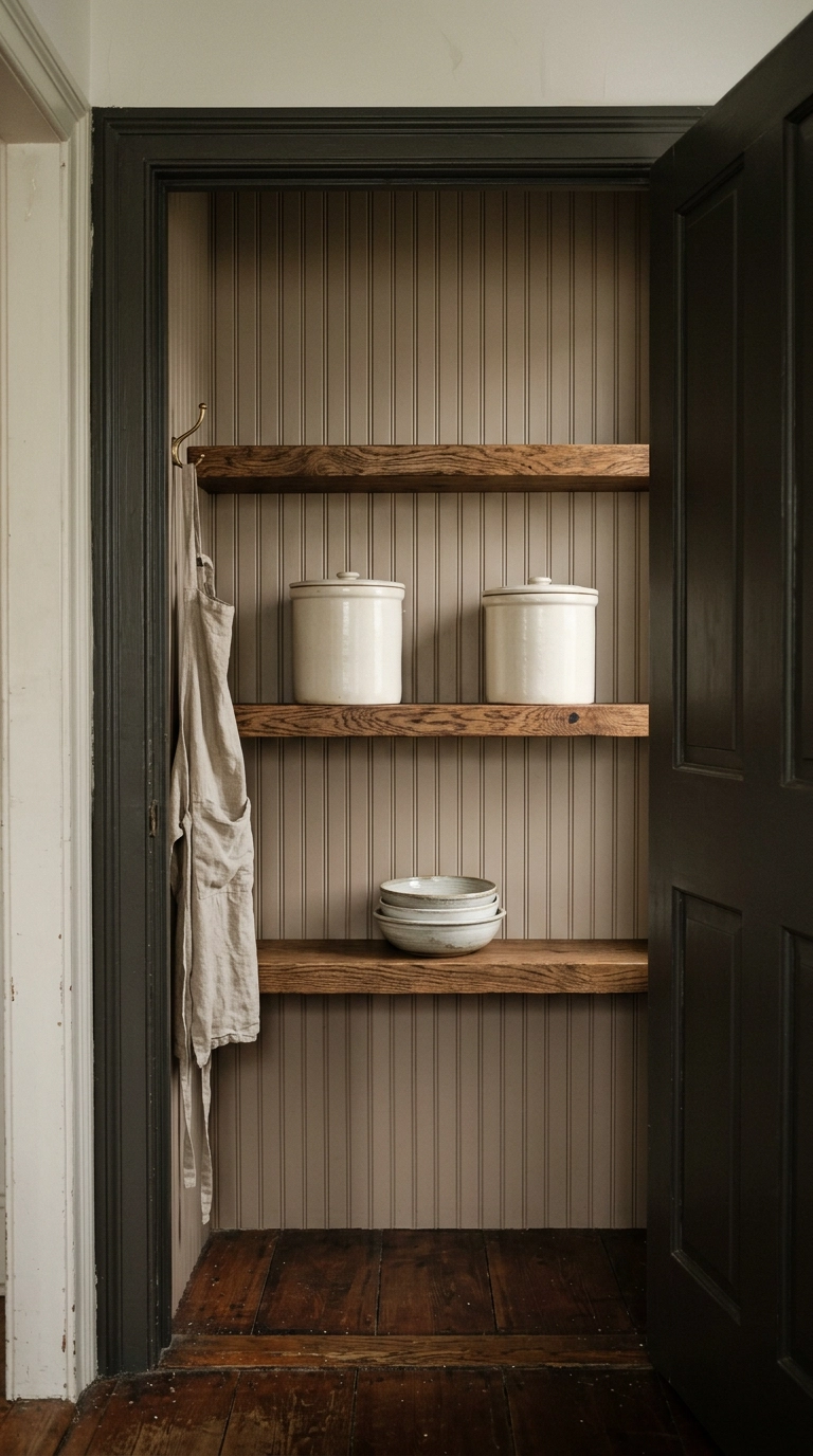 Converted hall closet small pantry with taupe vertical beadboard paneling and stained oak shelves