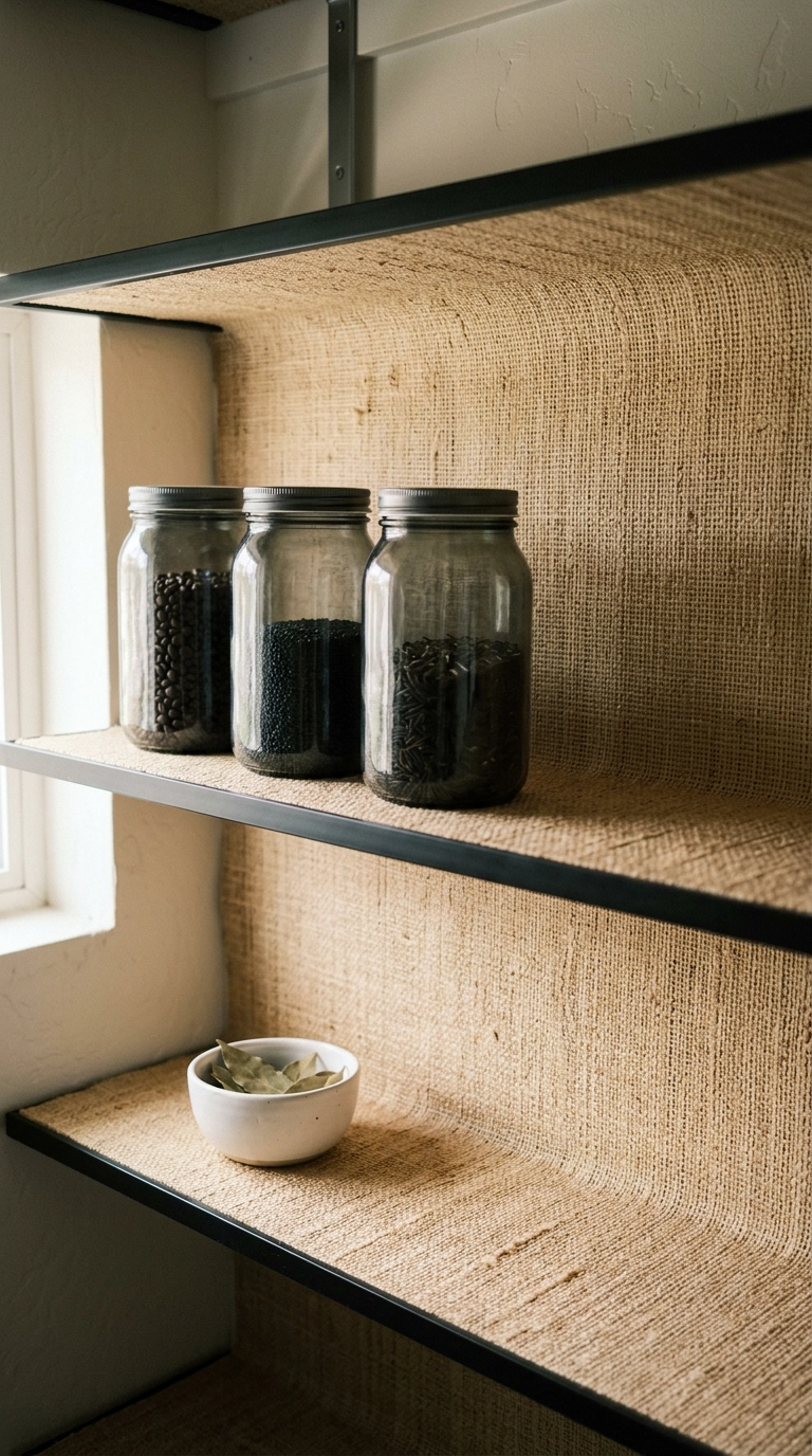 Small pantry shelves lined with sand-colored woven grasscloth-look liner under plain grey glass jars