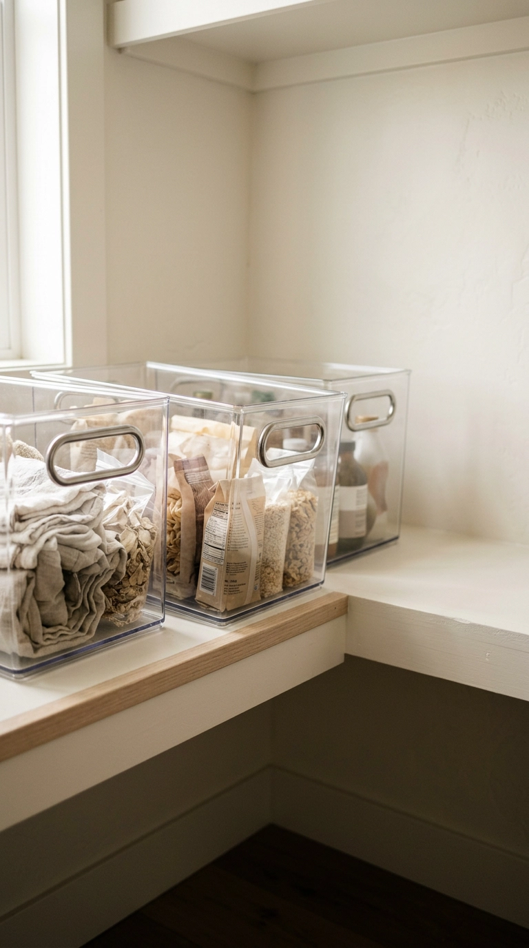 Three clear acrylic open-front bins on a white shelf inside a small pantry