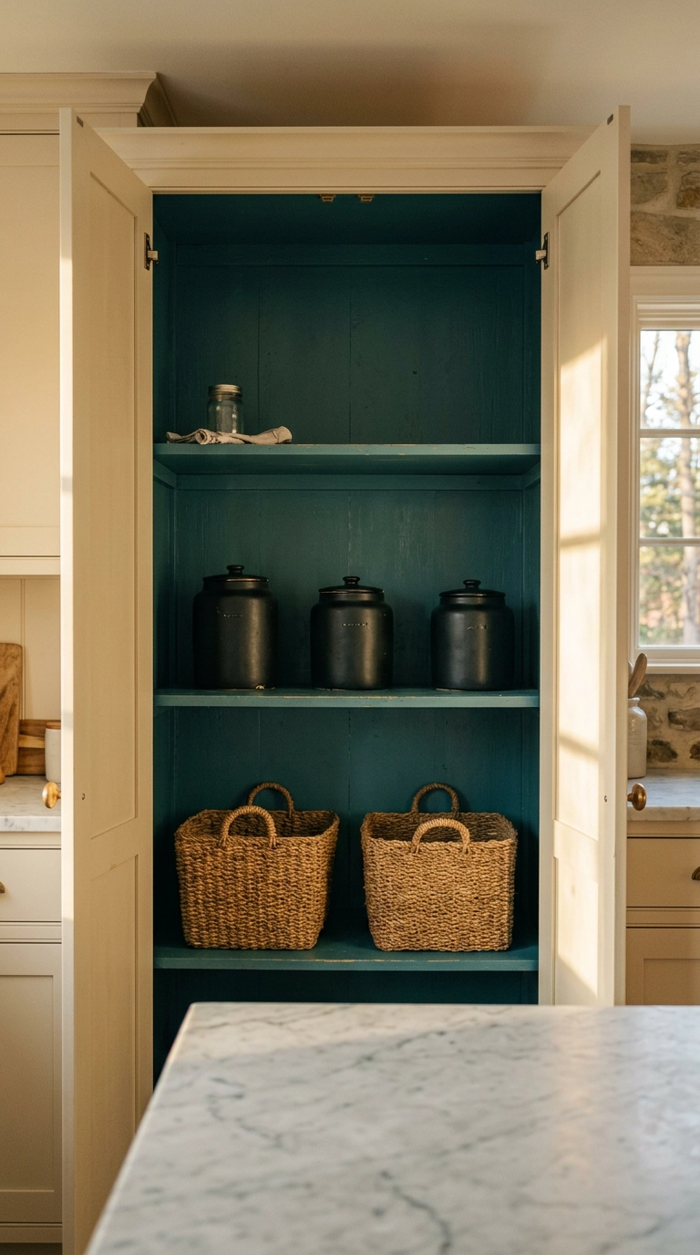 Small pantry cabinet painted deep muted teal inside with brass knobs and black ceramic canisters