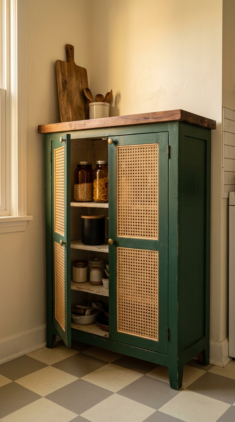 Deep green freestanding pantry hutch with cane doors in the corner of a small kitchen
