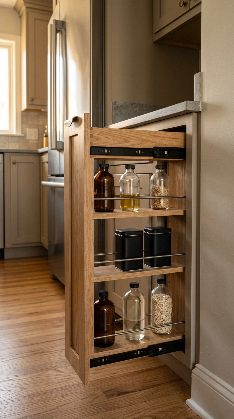 Narrow small pantry pull-out extended from beside a refrigerator holding plain bottles and tins