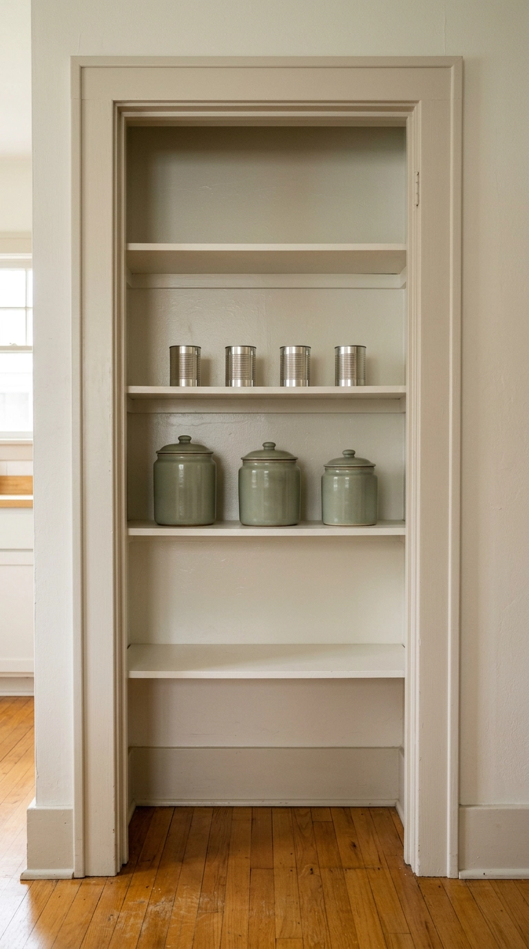 Small pantry with shallow twelve-inch shelves holding items in a single visible row
