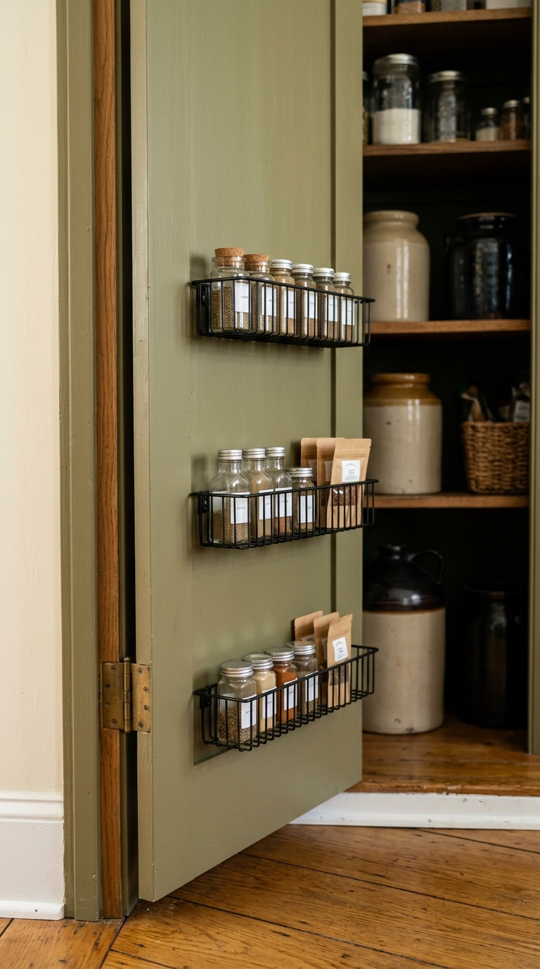 Small pantry door with three shallow black wire racks holding plain bottles and packets