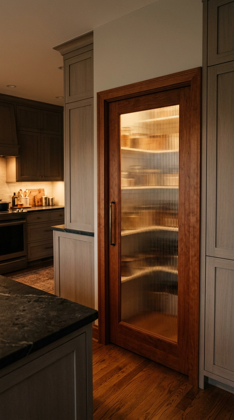 Small pantry door with a vertical reeded glass panel in a cherry wood frame beside grey cabinetry