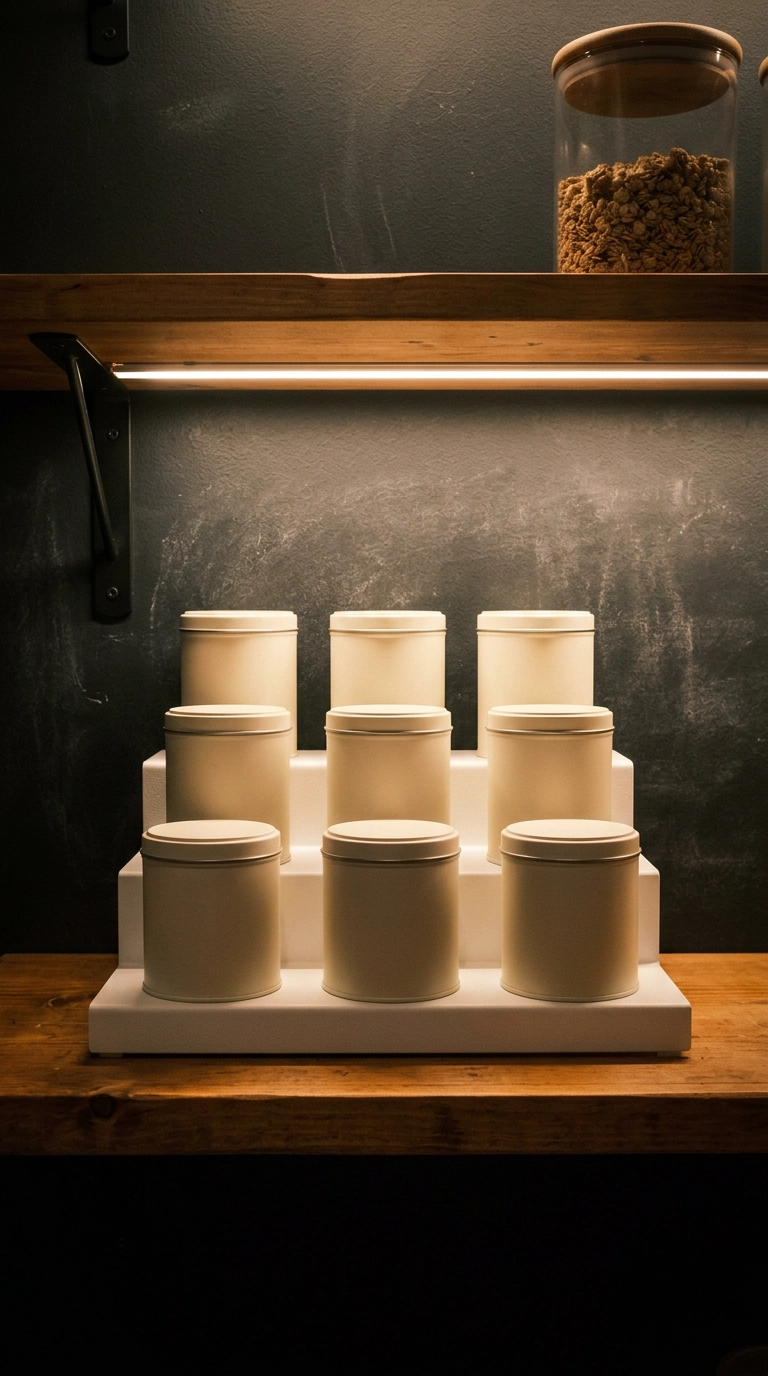 Three-step white metal riser holding plain cans on a wood shelf in a small pantry
