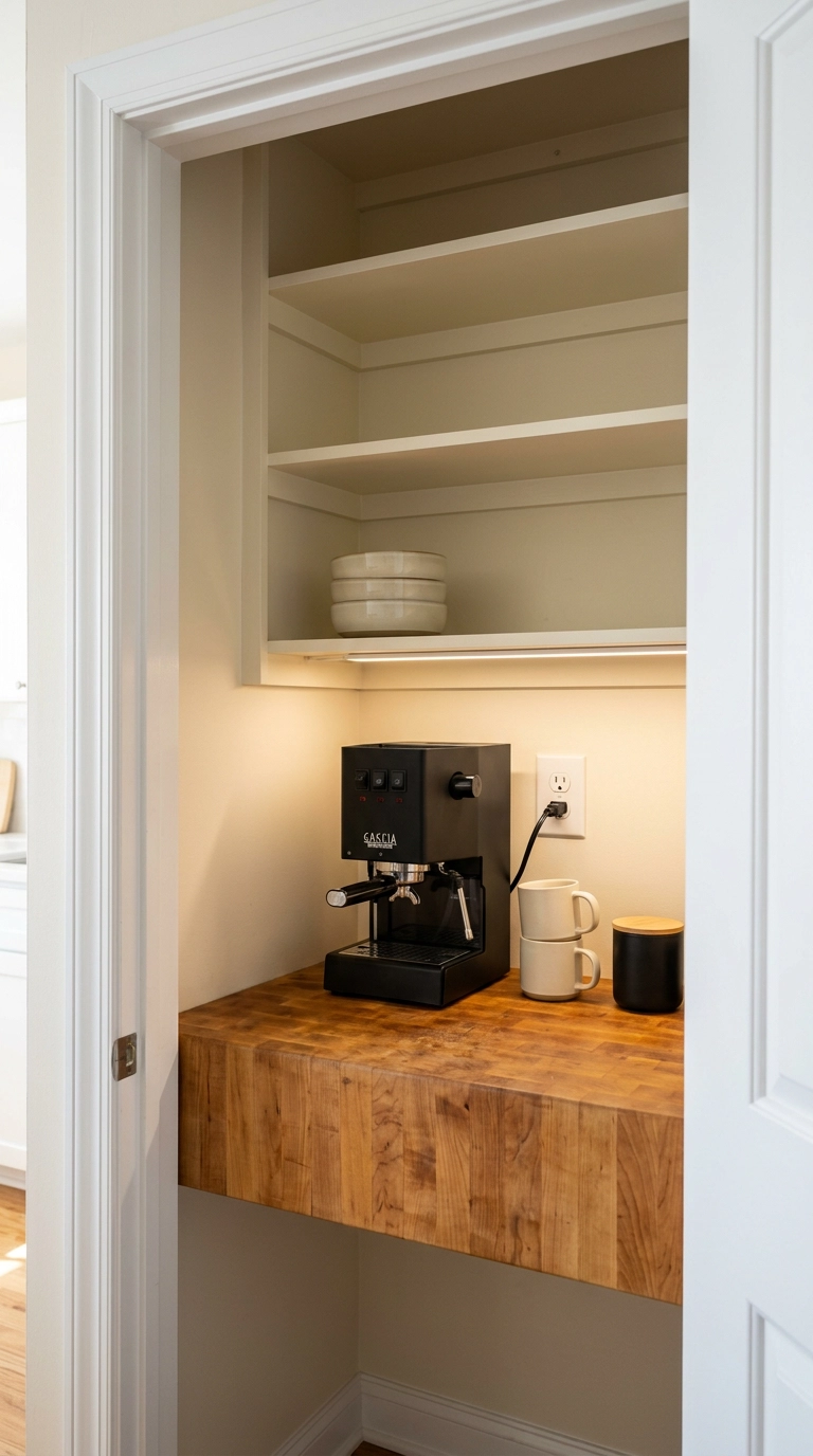 Small pantry with a butcher block shelf used as a coffee station with an espresso machine and plain mugs
