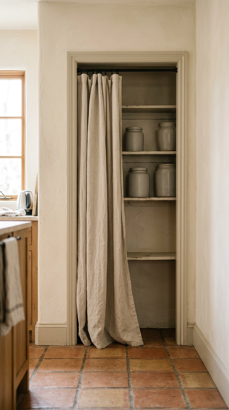 Small pantry opening covered by an oatmeal linen curtain on a black tension rod in a bright kitchen