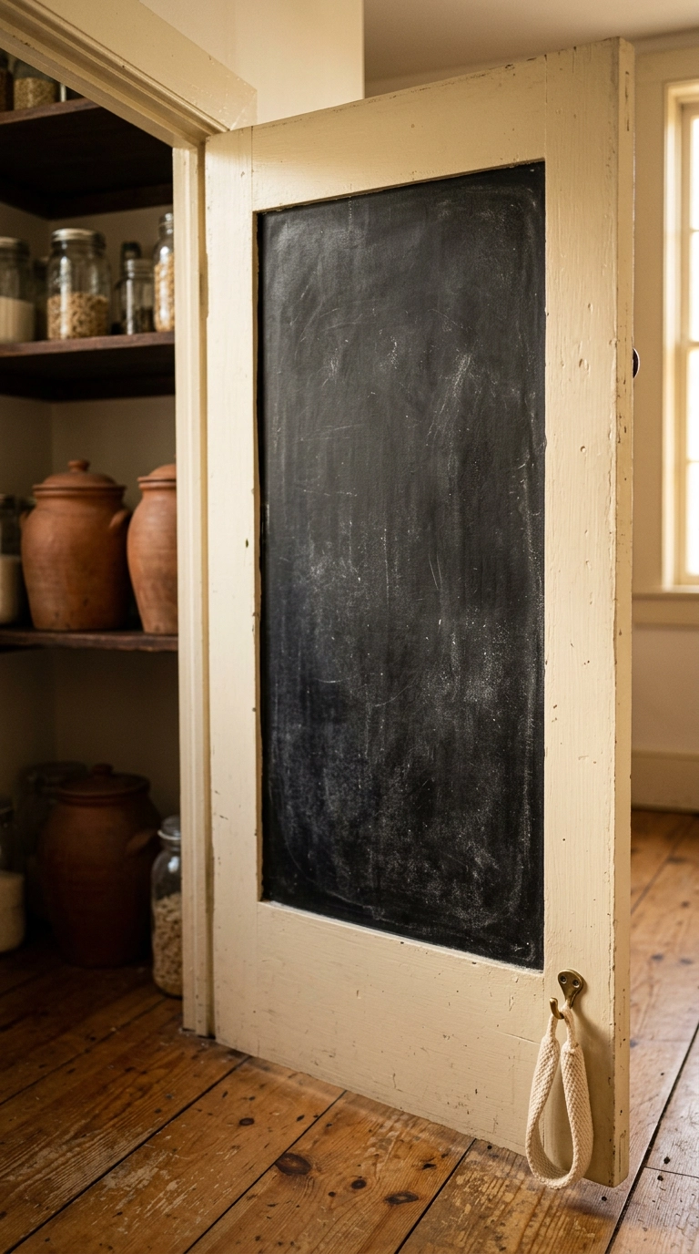 Small pantry door with a flat black chalkboard-painted panel and faint chalk dust