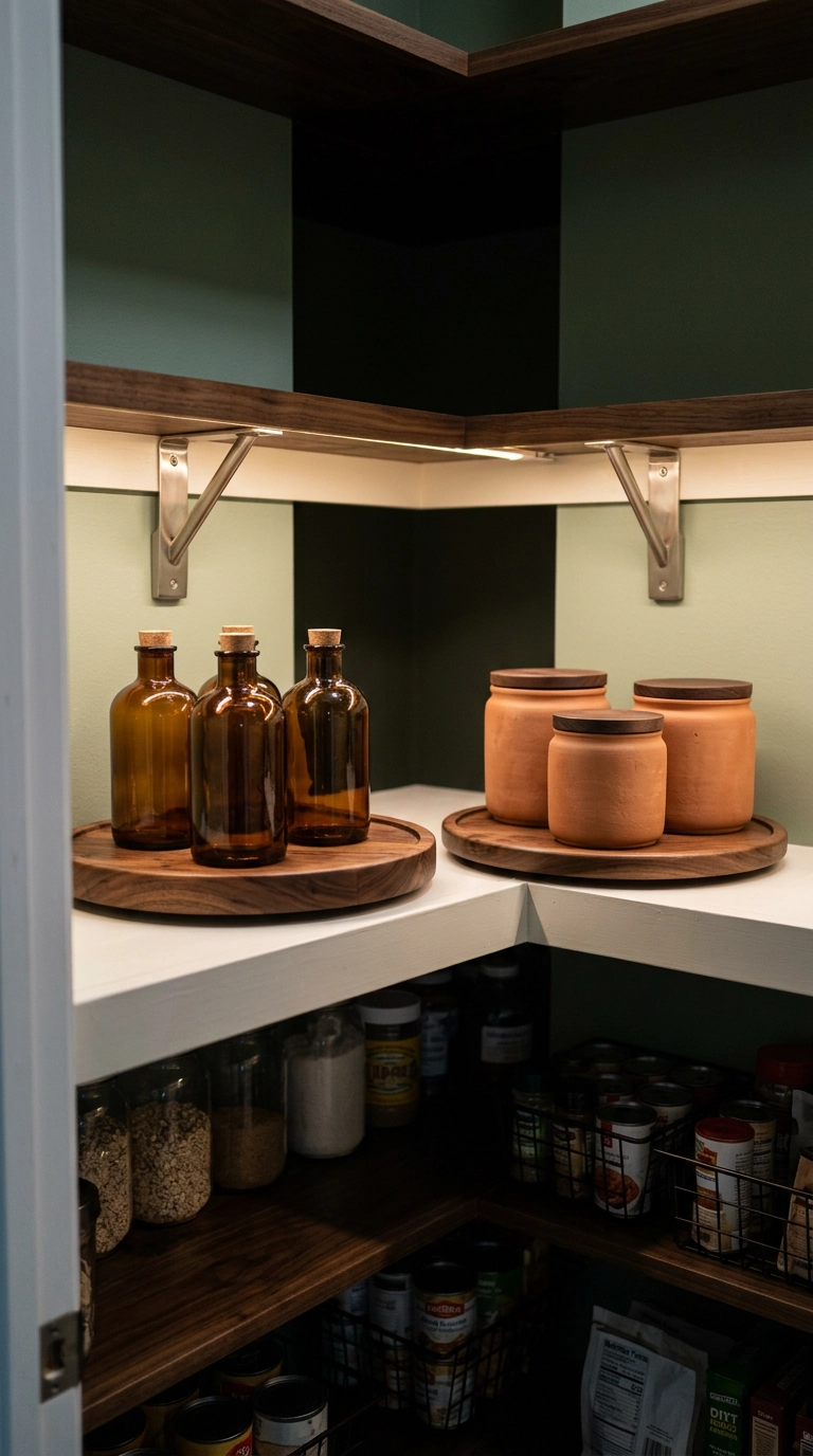 Two walnut turntables in the corner of a small pantry holding plain glass bottles and terracotta jars