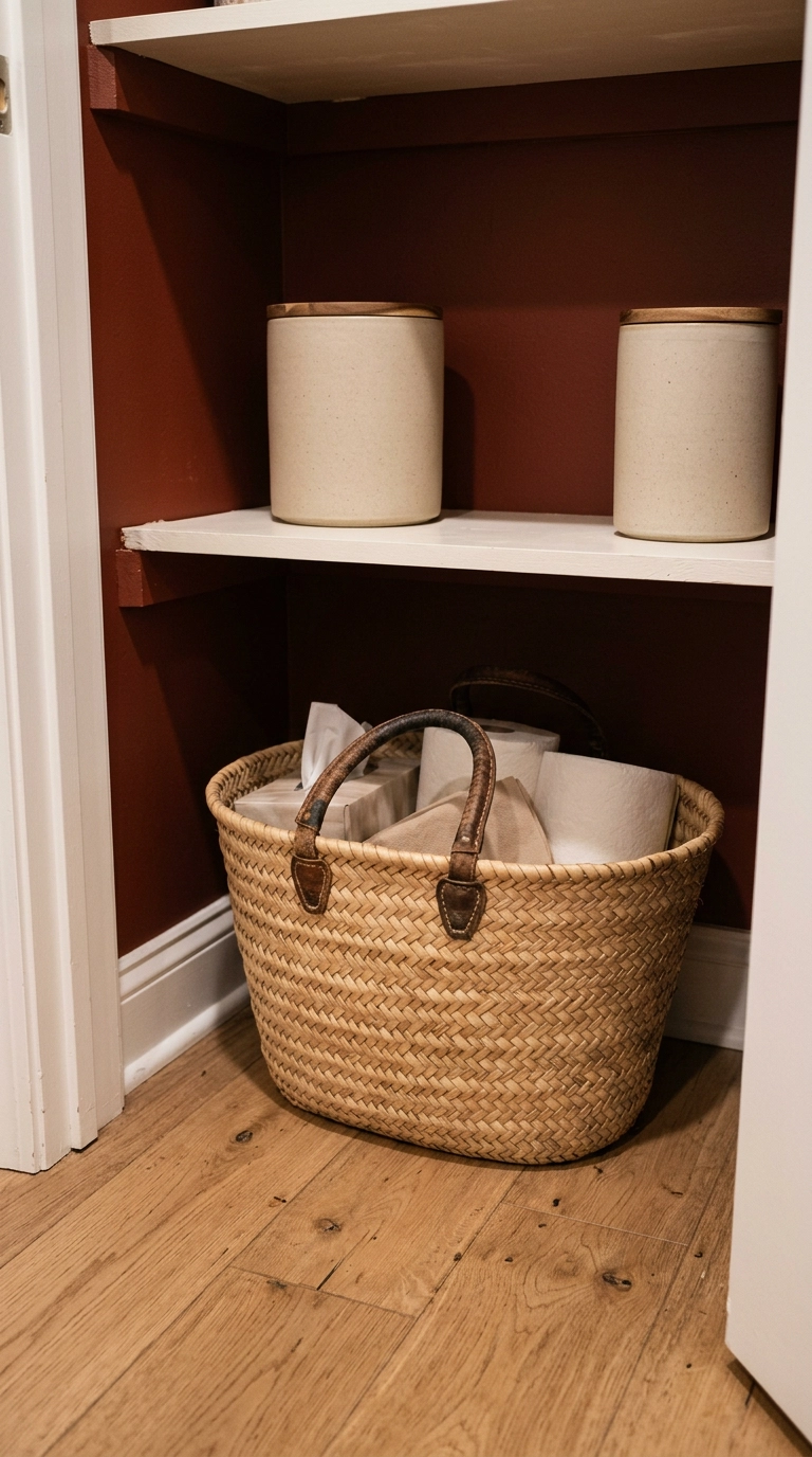 Large woven rattan basket on the floor of a small pantry with plain ceramic containers above