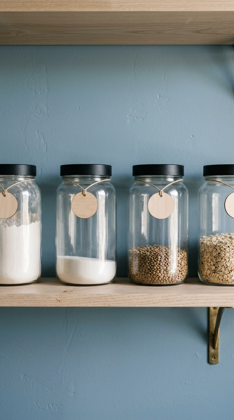 Plain glass canisters with blank round wooden tags tied on with cord inside a small pantry