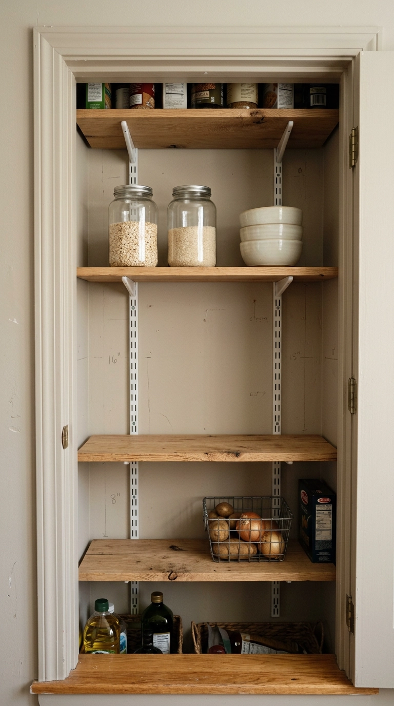 Small pantry with adjustable metal shelf standards and white oak shelves at varied heights