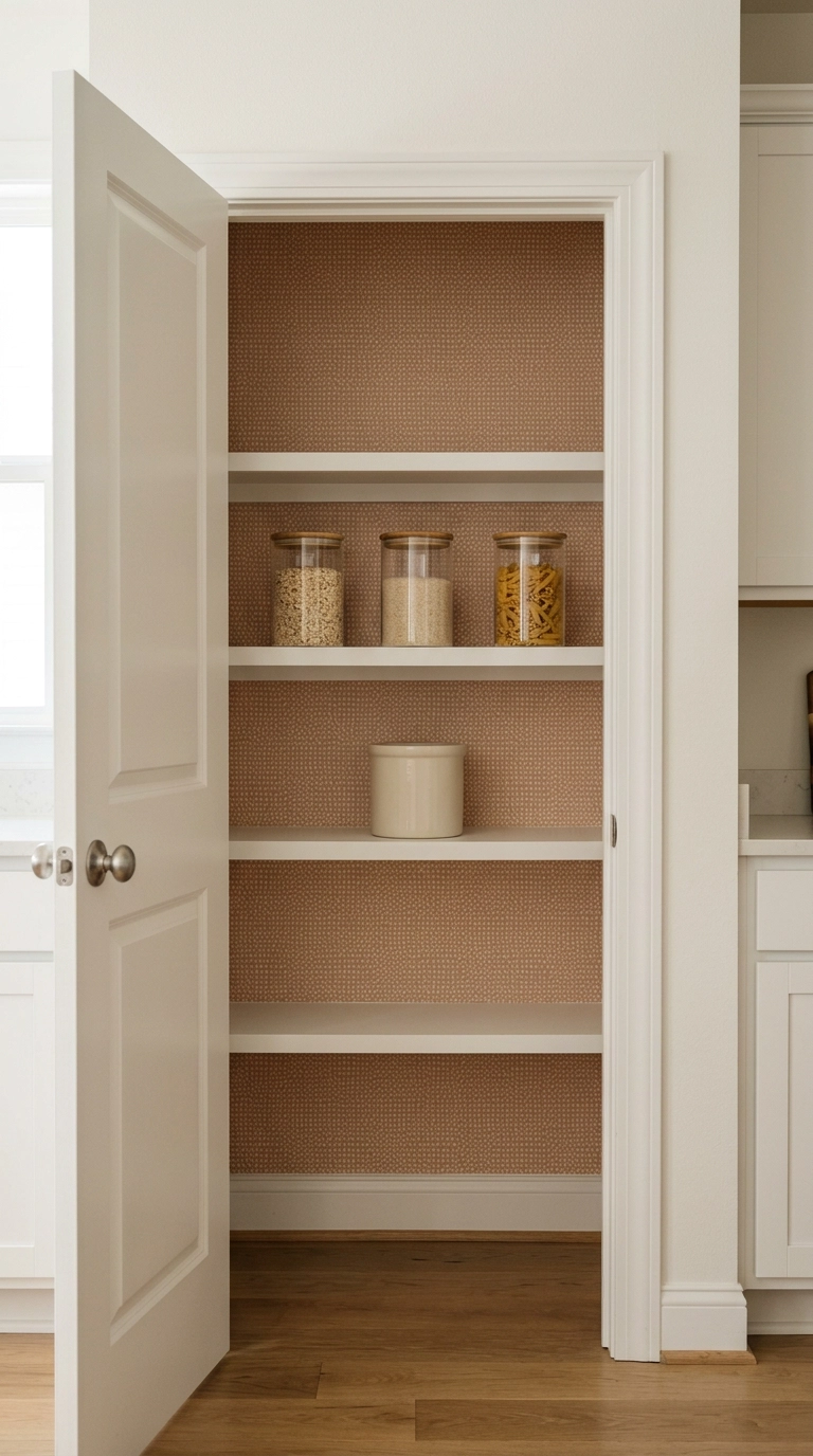 Small pantry closet with clay patterned wallpaper on the back wall and plain glass canisters on white shelves