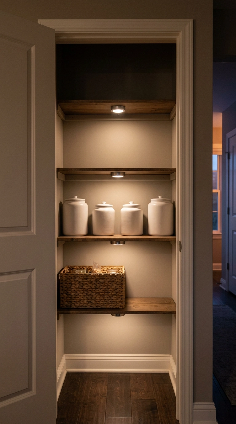 Small pantry closet lit by warm puck lights mounted under each shelf edge at dusk