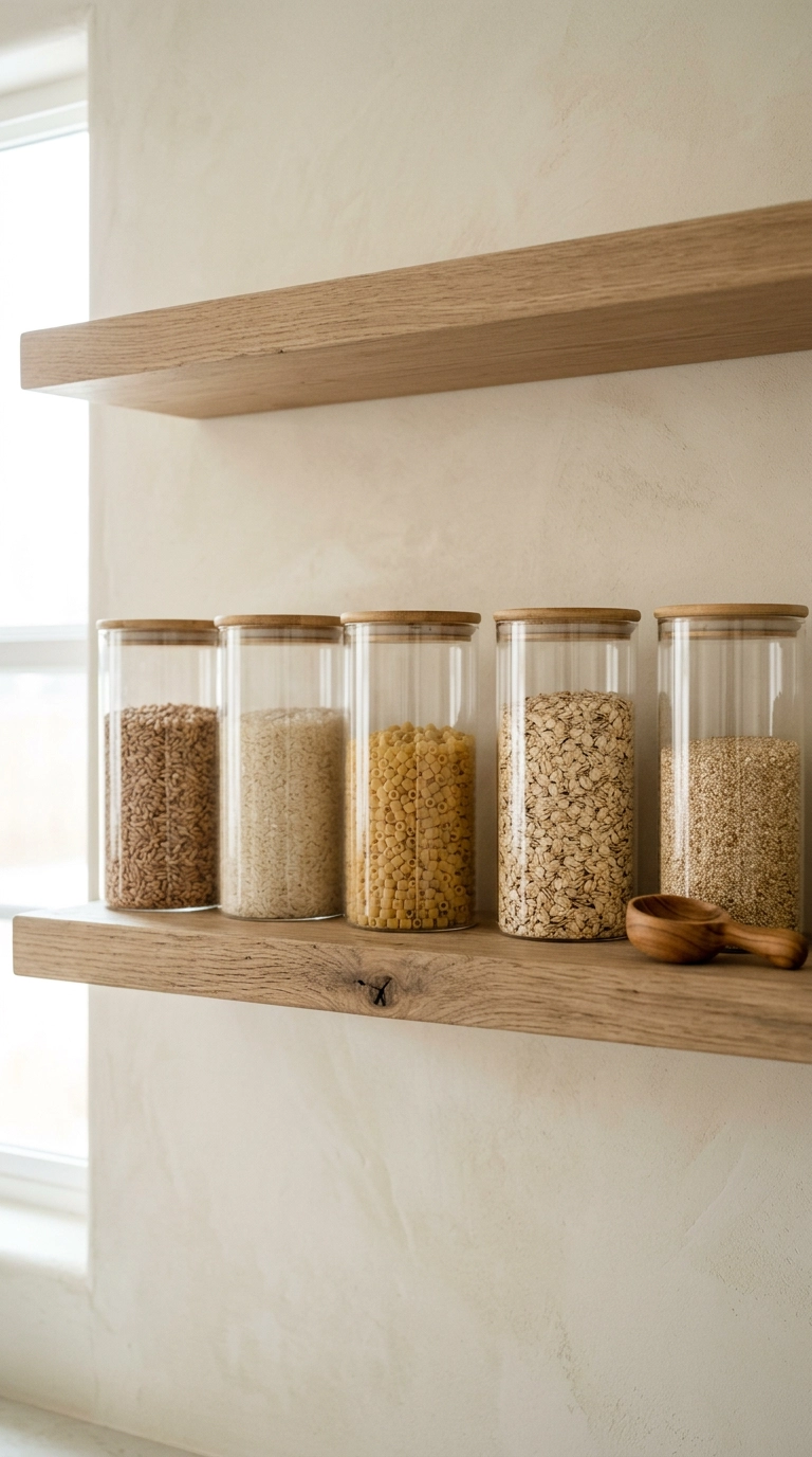 Five plain glass canisters with bamboo lids spaced along a white oak shelf in a small pantry