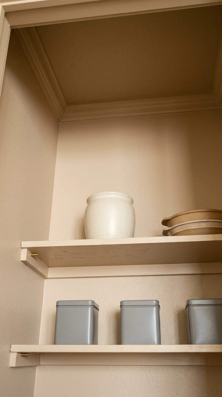 Top shelves of a small pantry holding a plain ceramic vessel and baking dishes above eye level