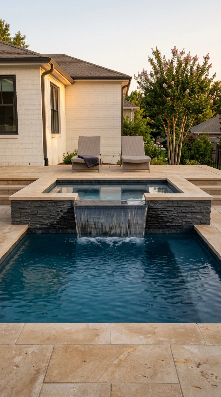 Small pool with a raised spa ledge faced in charcoal stacked tile spilling a sheet of water into the pool