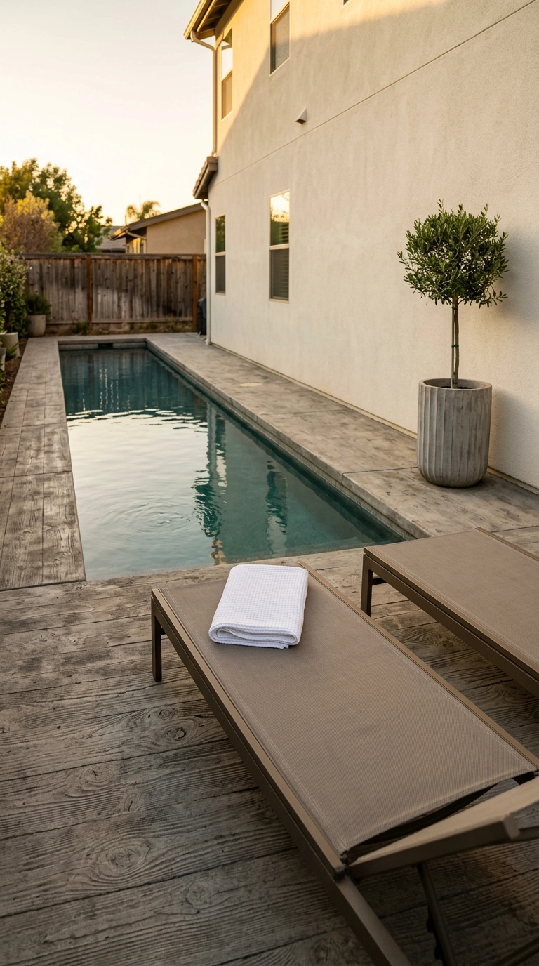 Narrow small lap pool with two low taupe sling loungers on a board-formed concrete surround