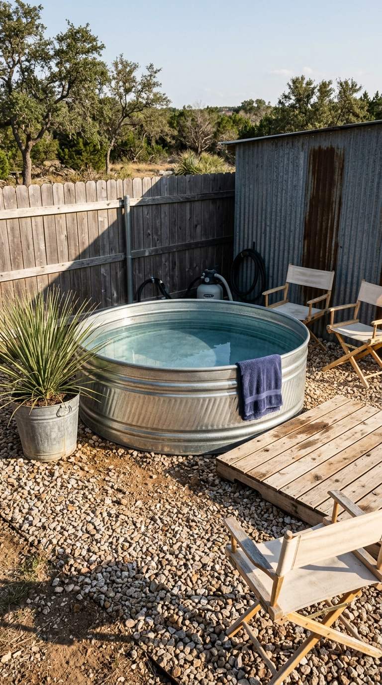 Eight-foot galvanized stock tank pool set on crushed granite gravel with a small cedar deck platform