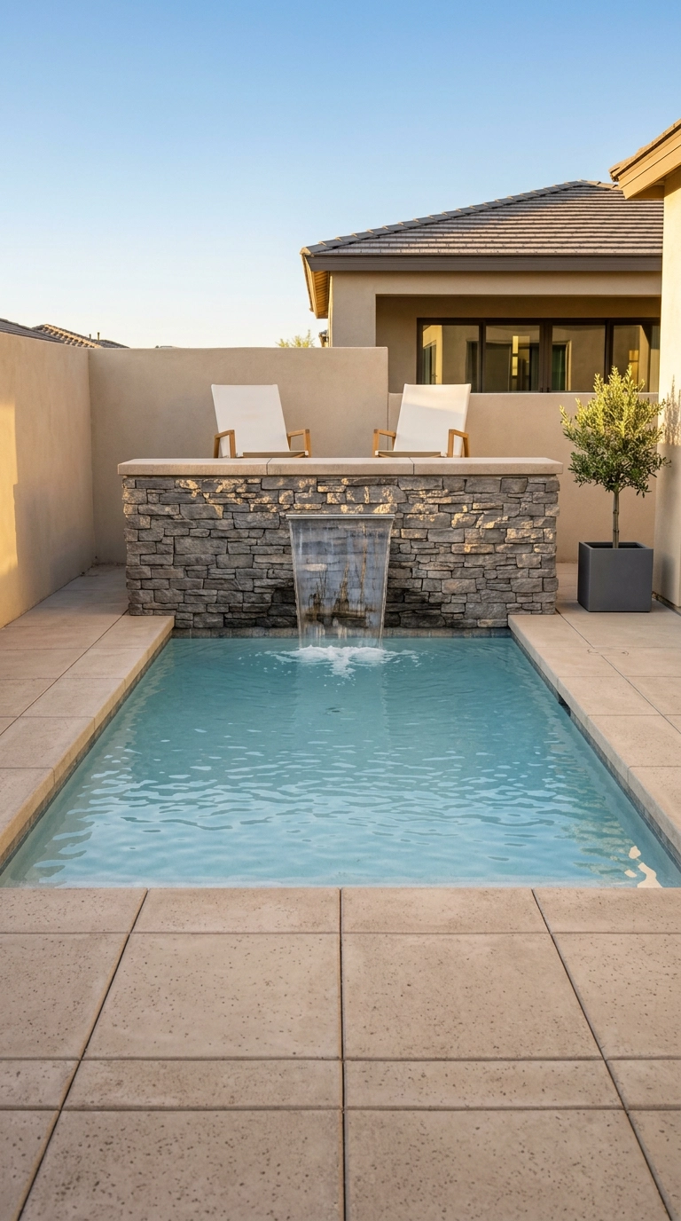 Small rectangular pool with a single stainless sheer descent spillway falling from a basalt stone wall