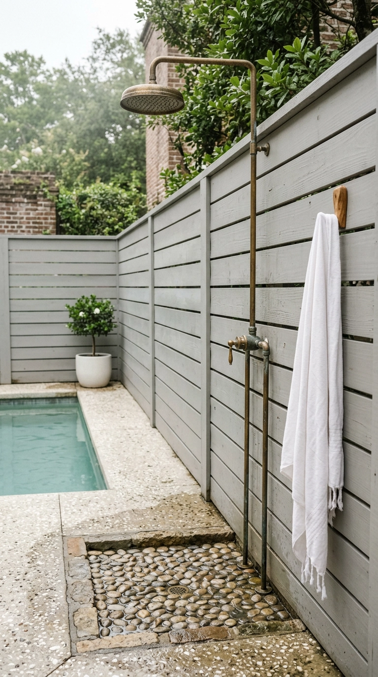 Outdoor shower with aged brass head mounted on a grey fence beside a small narrow plunge pool