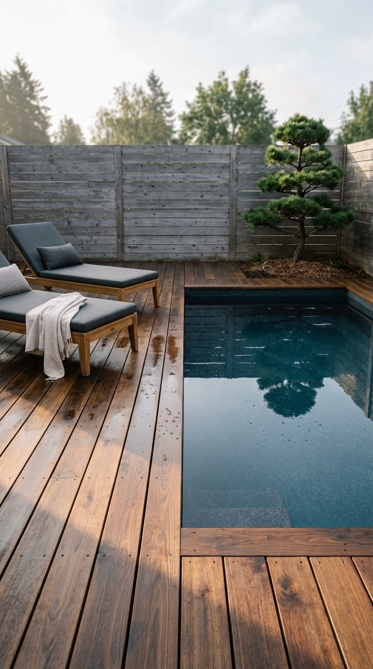 Small rectangular pool with oiled ipe hardwood decking sitting flush with the water surface