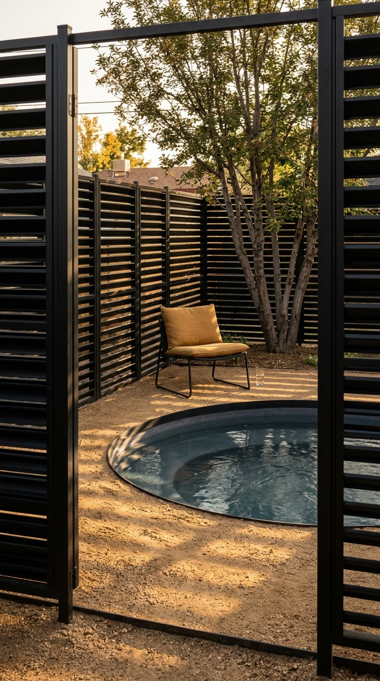 Small round plunge pool behind a tall black louvered aluminum privacy screen with late sun striping through