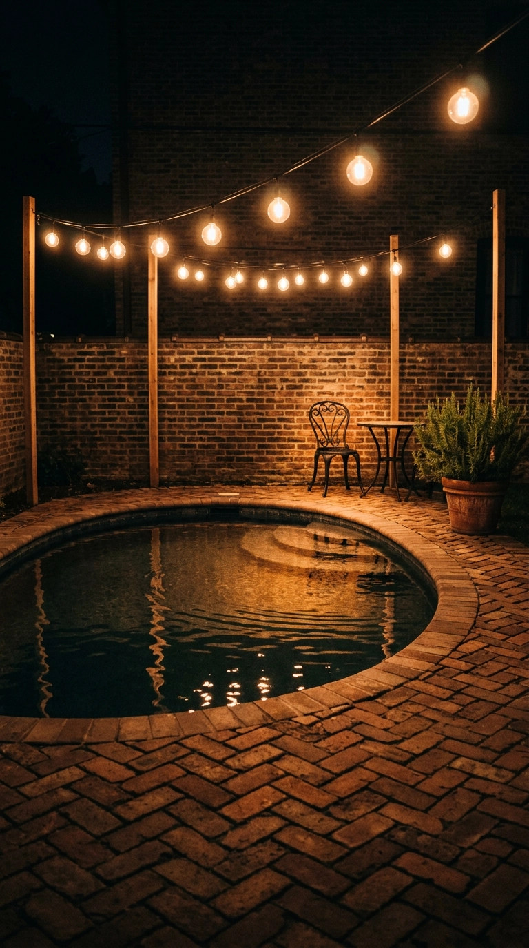 Small oval plunge pool at night lit by warm globe string lights strung on cedar posts
