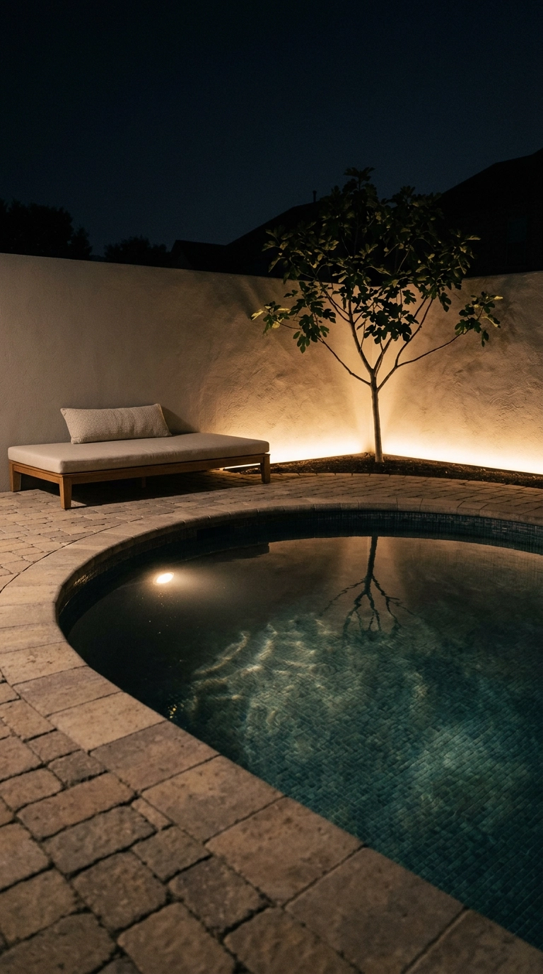 Small kidney-shaped pool at night with a warm white LED grazing light washing a stucco garden wall