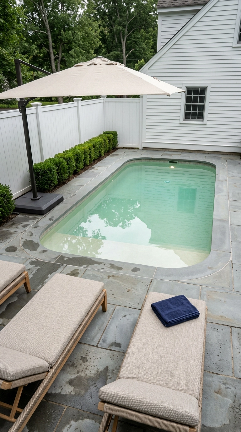 Small rounded-rectangle pool with a cantilever offset umbrella shading two rope loungers on bluestone