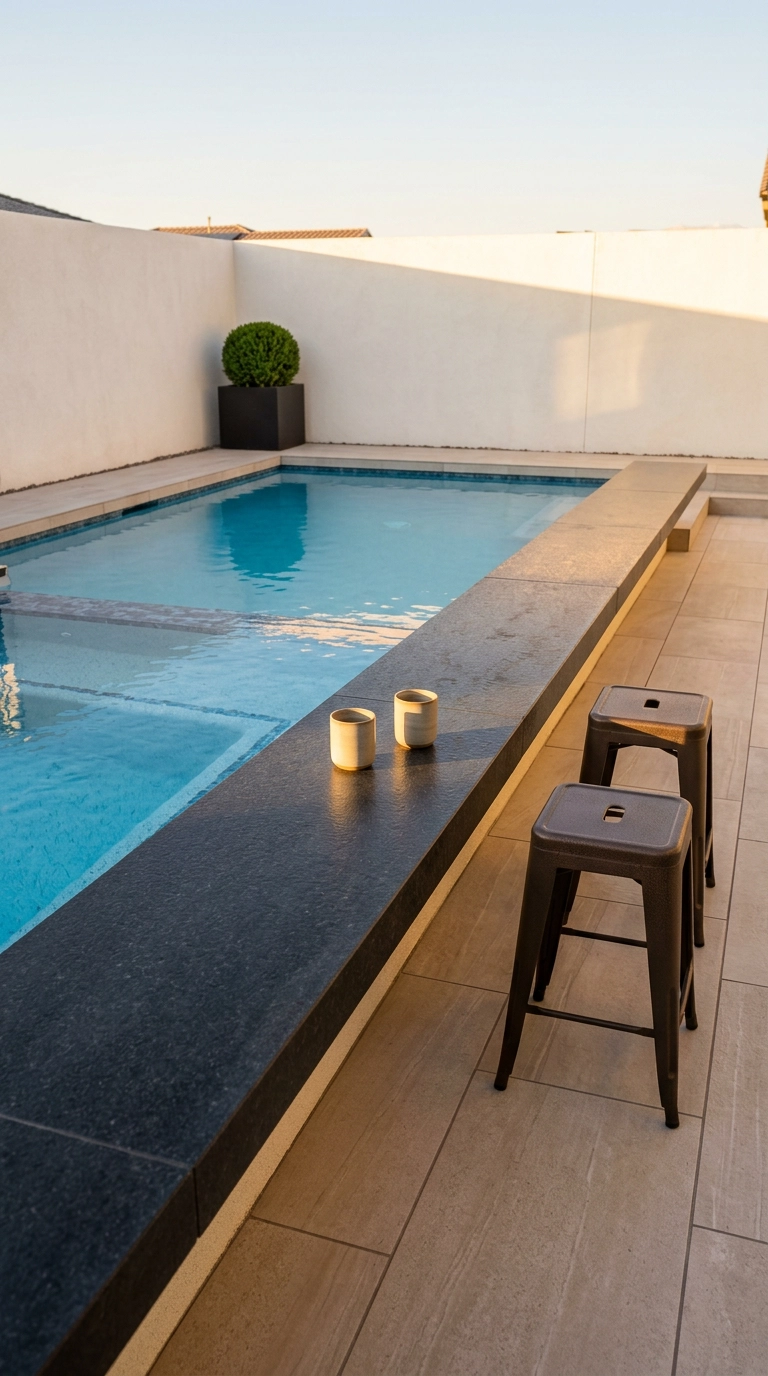 Small rectangular pool with a narrow dark basalt bar ledge and two bronze stools at the shallow end