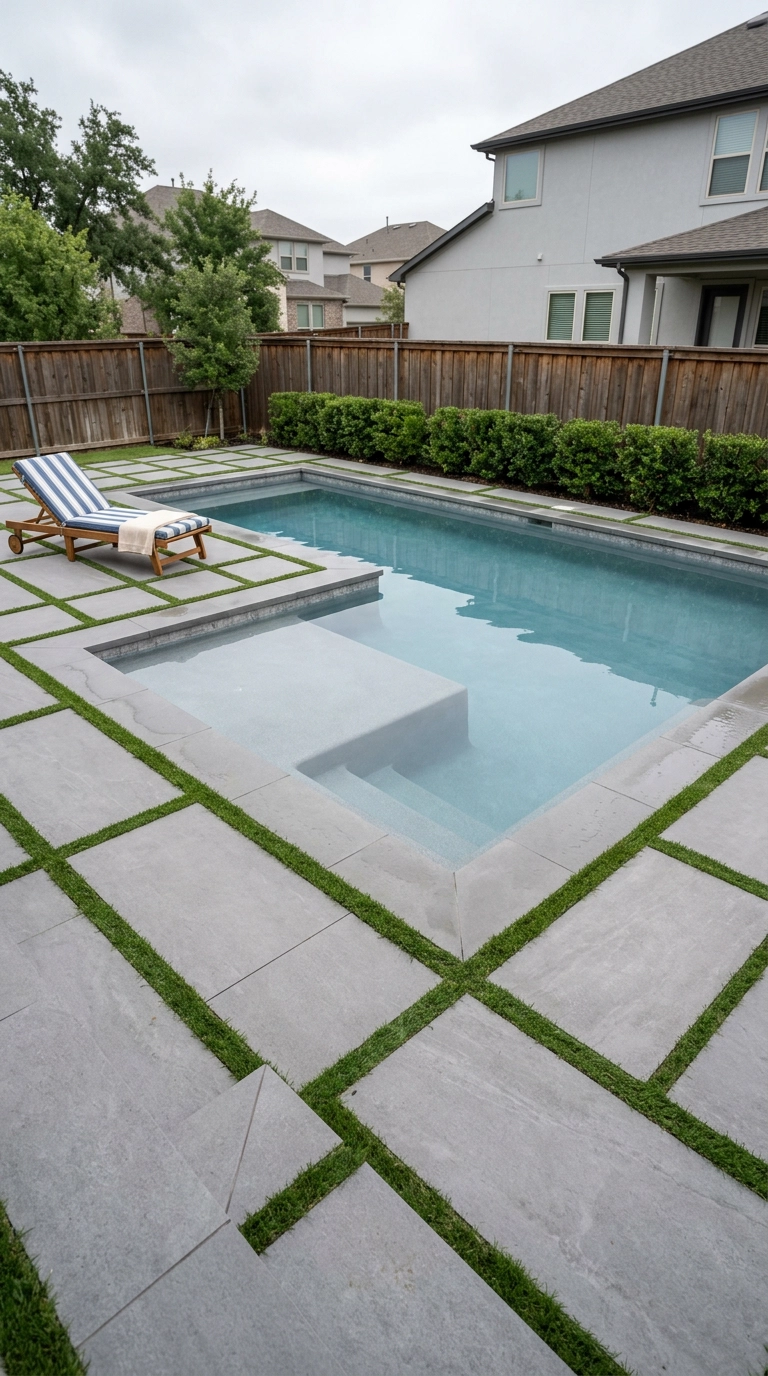 Small L-shaped pool surrounded by large grey porcelain pavers set with green grass joints