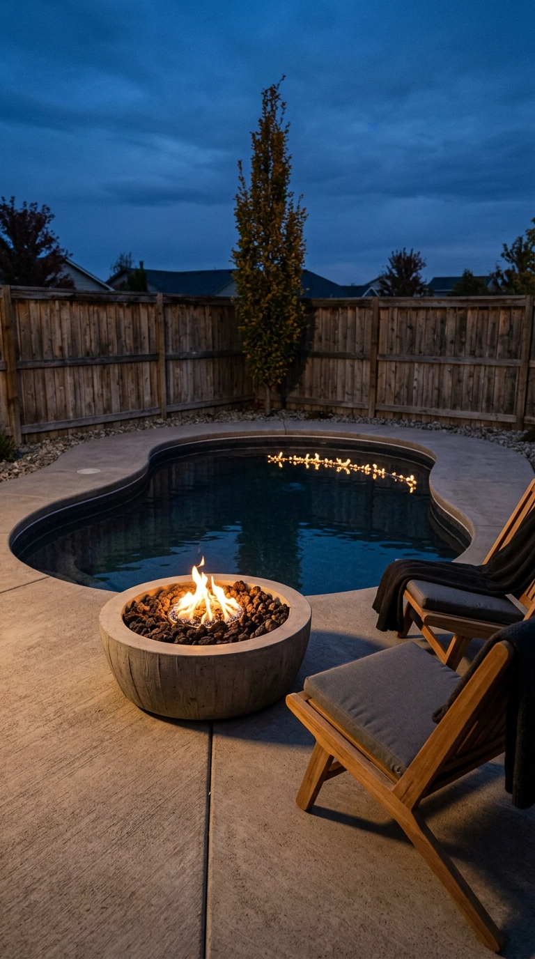 Small freeform plunge pool at dusk with a low round concrete gas fire bowl at the deck corner