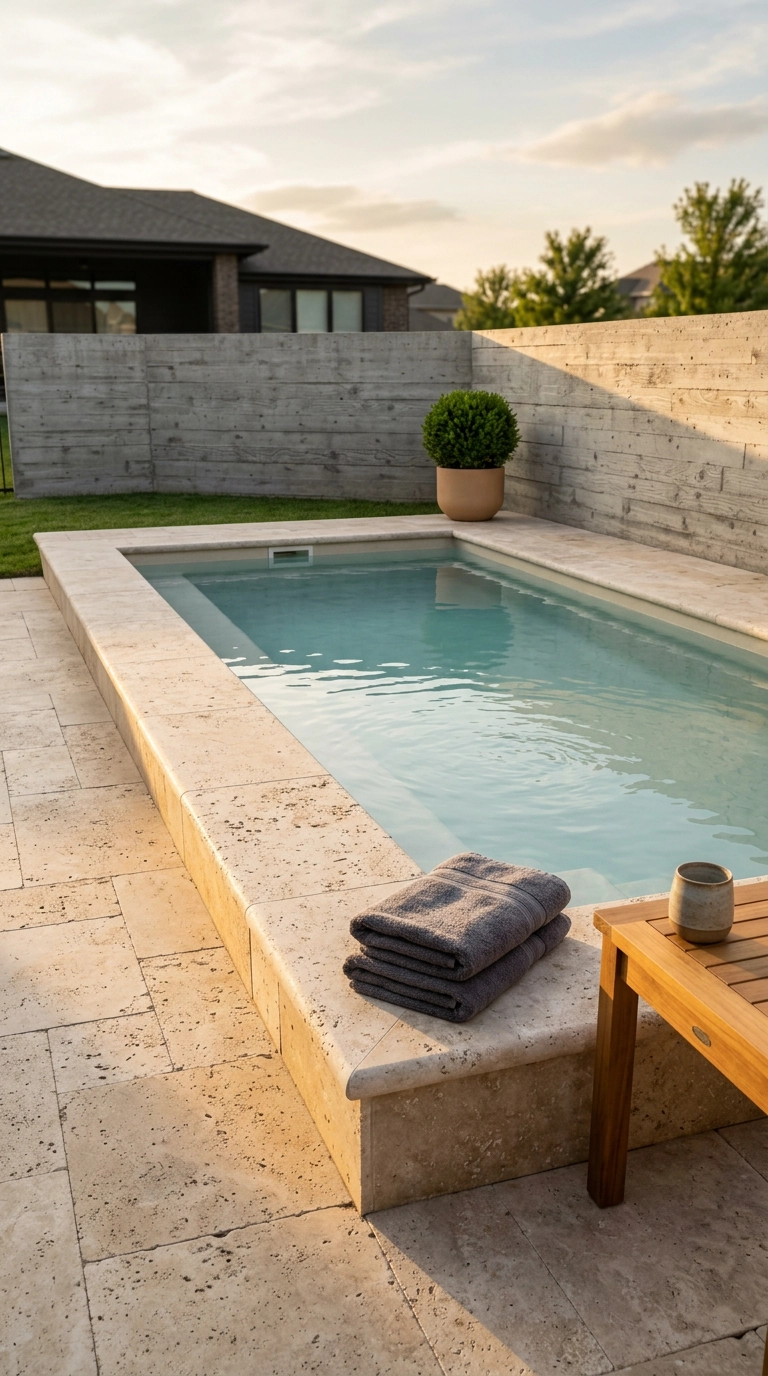 Small rectangular plunge pool with a wide travertine bullnose coping ledge used as bench seating