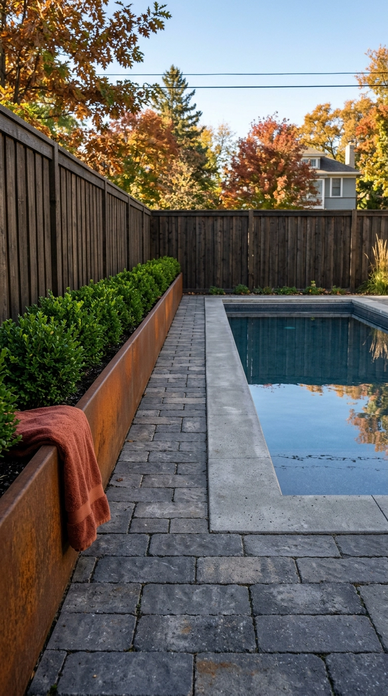 Small rectangular pool with a low weathered Corten steel planter trough dividing the deck