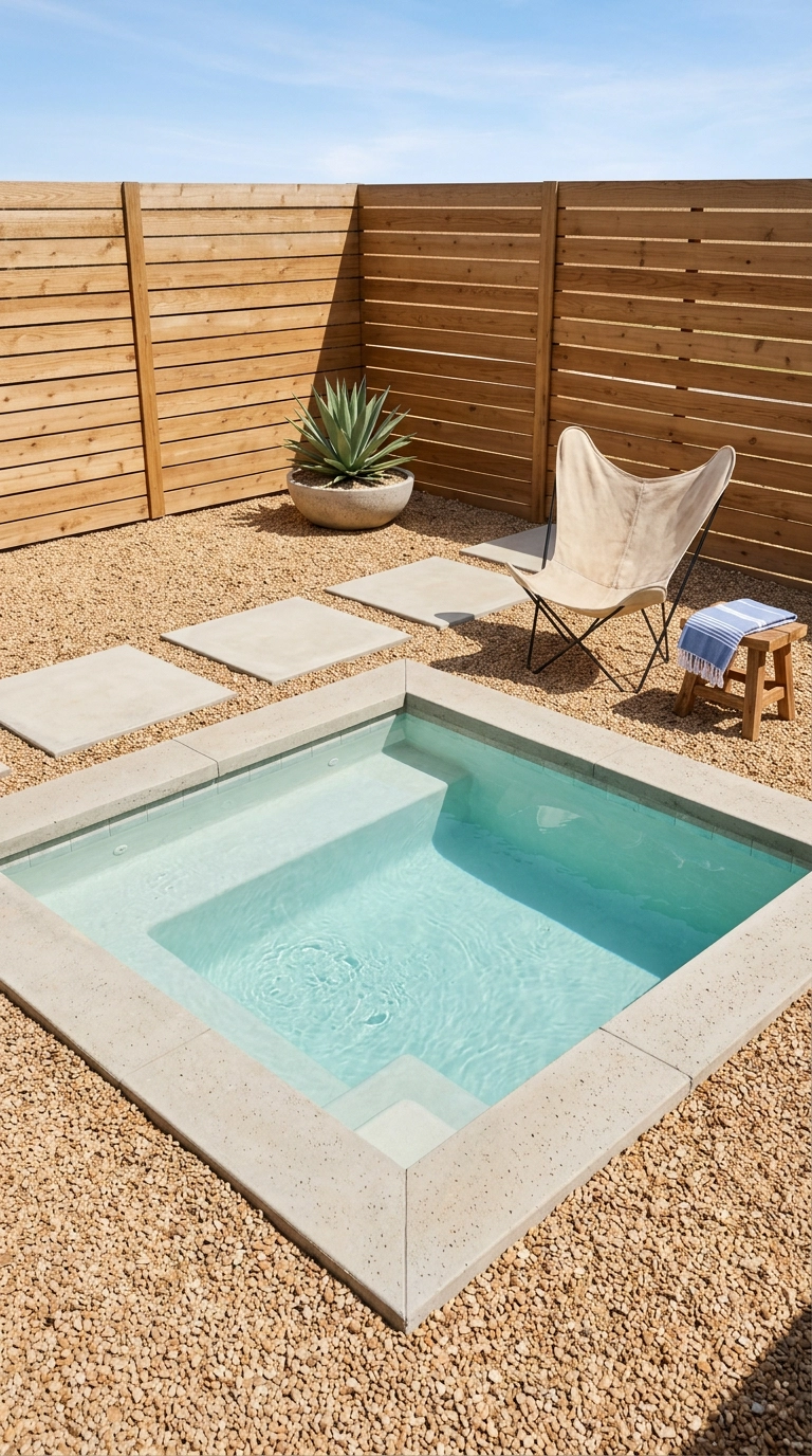 Small square pool surrounded by pea gravel with large square concrete stepping pads